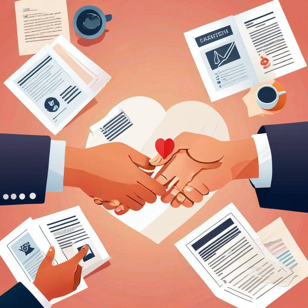 A vibrant illustration showcasing two hands shaking across a table filled with policy documents, symbolizing partnership and collaboration. Soft light emanates from the background, creating a warm atmosphere that reflects trust and security. Include elements like a shield icon and a heart symbol subtly integrated, representing strength and peace of mind. cozy and inviting colors. vector art.