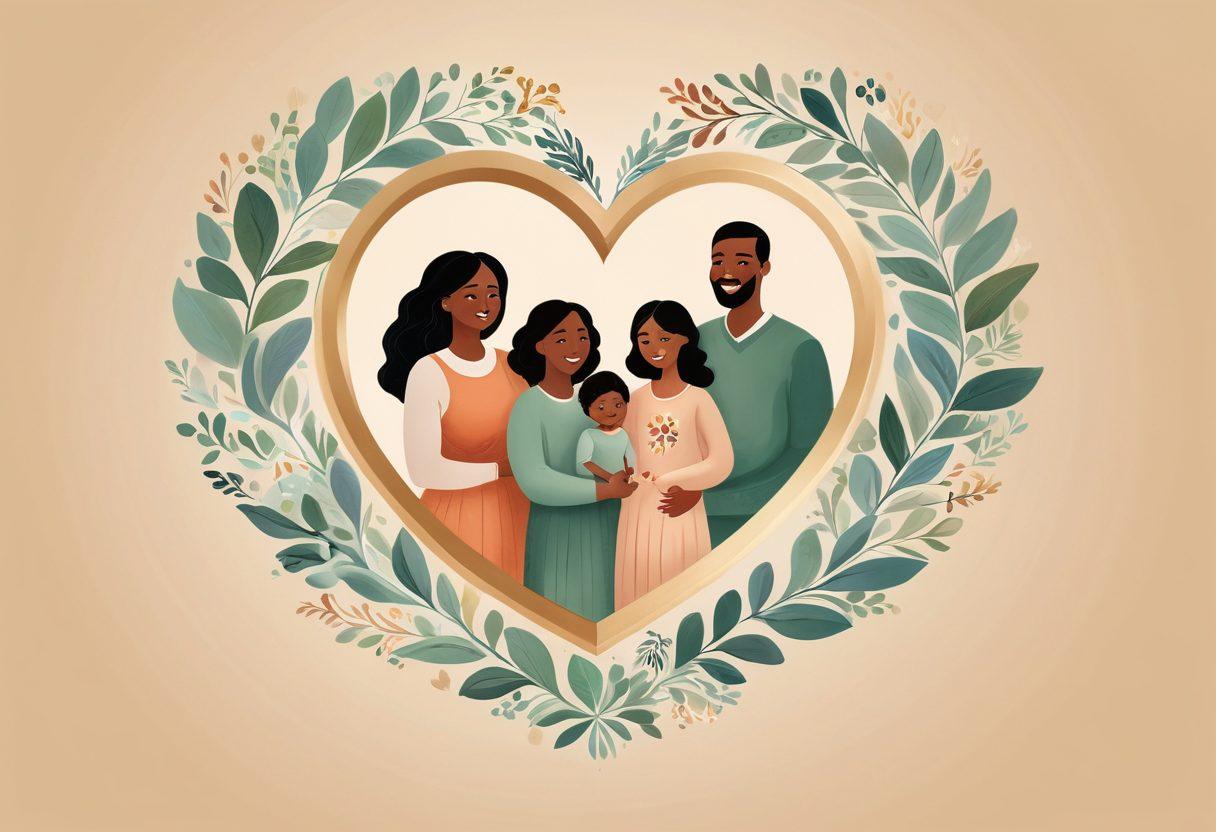 A serene scene of a diverse family gathered around a large, heart-shaped shield that symbolizes protection. Surrounding them are floating icons representing financial security, like dollar signs and savings banks, intertwined with soothing elements like hearts and calming nature motifs. The atmosphere conveys warmth, stability, and emotional well-being. soft colors. digital painting. harmonious design.