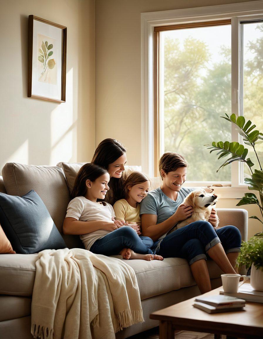 A serene family scene depicting a loving couple in a cozy home setting, surrounded by their children and pets, all smiling and enjoying time together. In the background, soft light filters through the window, symbolizing warmth and protection. Incorporate subtle elements of insurance, like a shield icon or heart symbol woven into the décor. The atmosphere should exude safety, love, and nurture. super-realistic. warm colors. soft focus.